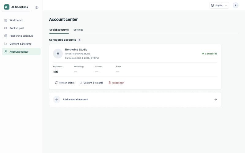 Account center on the Social accounts tab, showing the connected TikTok account Northwind Studio with its follower count, Refresh profile, Content & insights and Disconnect buttons, and an Add a social account row below it.
