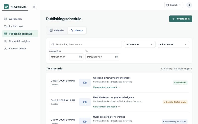 Publishing schedule, History tab, with search and status, account and date filters above a Task records list; each post shows its account, publishing method and a status such as Published, Sent to TikTok inbox or Processing on TikTok.