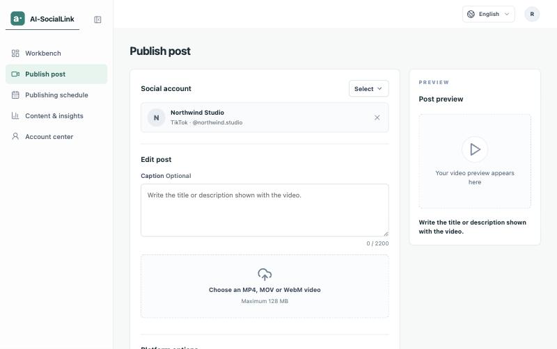 Publish post page with the TikTok account Northwind Studio selected, an empty optional caption box with a 2,200-character counter, and a video upload area for MP4, MOV or WebM files up to 128 MB, next to the post preview.