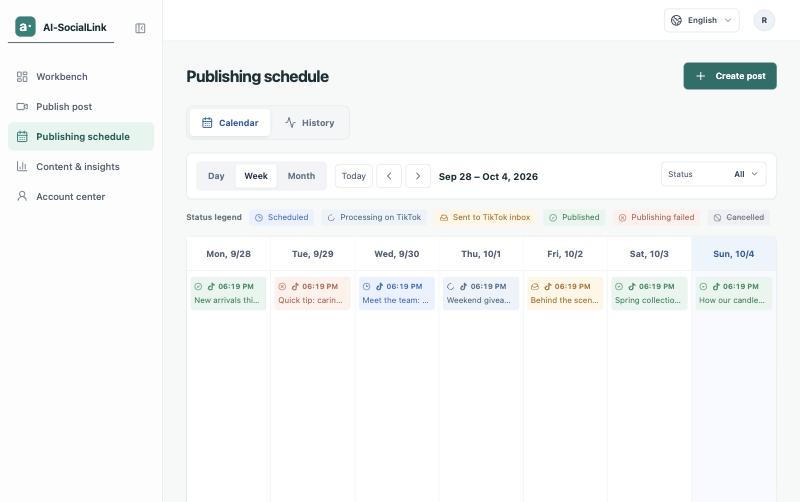 Publishing schedule in Calendar, Week view for Sep 28 to Oct 4, with the status legend (Scheduled, Processing on TikTok, Sent to TikTok inbox, Published, Publishing failed, Cancelled) and one coloured post card per day.